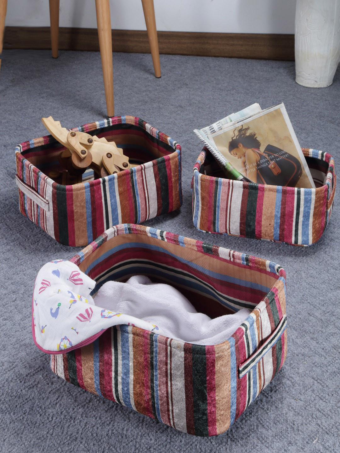 FABINALIV Red & Black 3 Pieces Striped Rectangular Multi Purpose Organisers