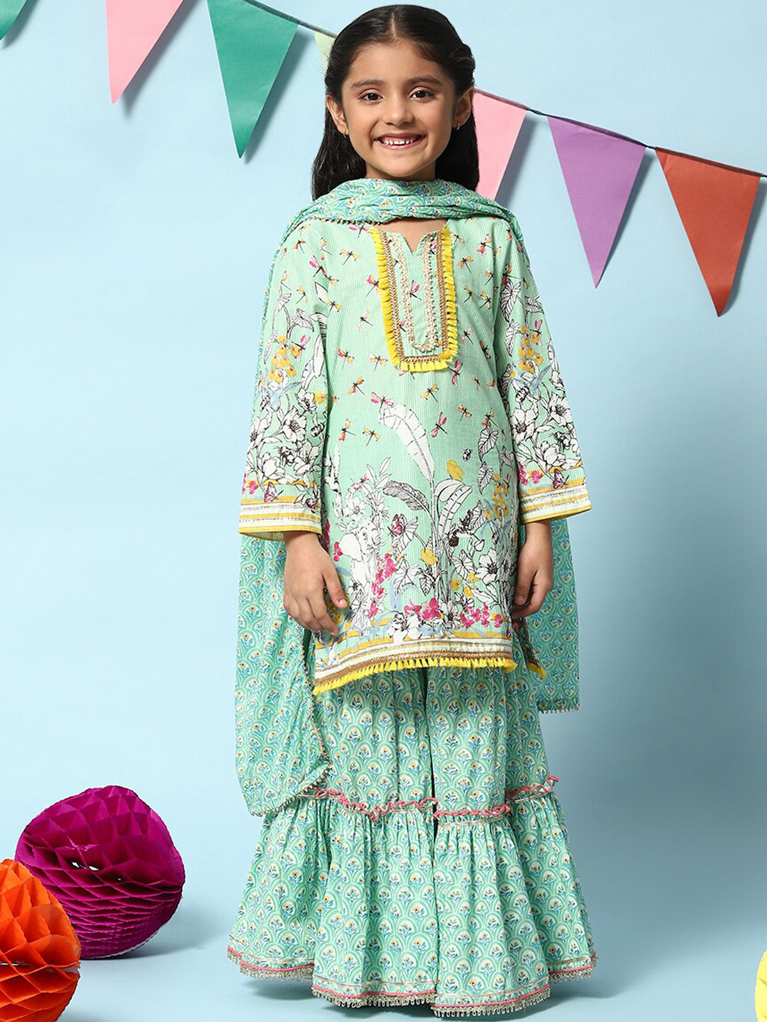 Biba Girls Floral Printed Bead Work Kurta with Sharara & Dupatta