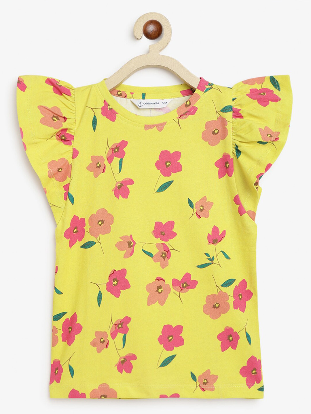 Campana Girls Floral Printed Flutter Sleeves T-shirt