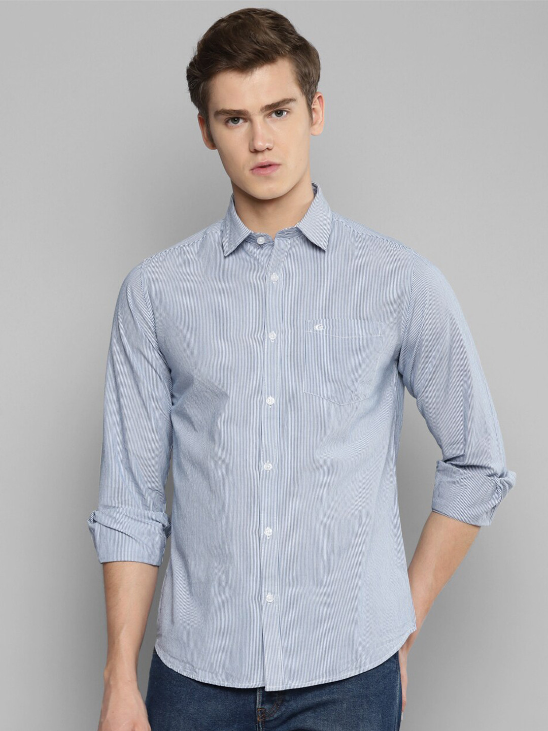 Allen Cooper Vertical Striped Spread Collar Cotton Casual Shirt
