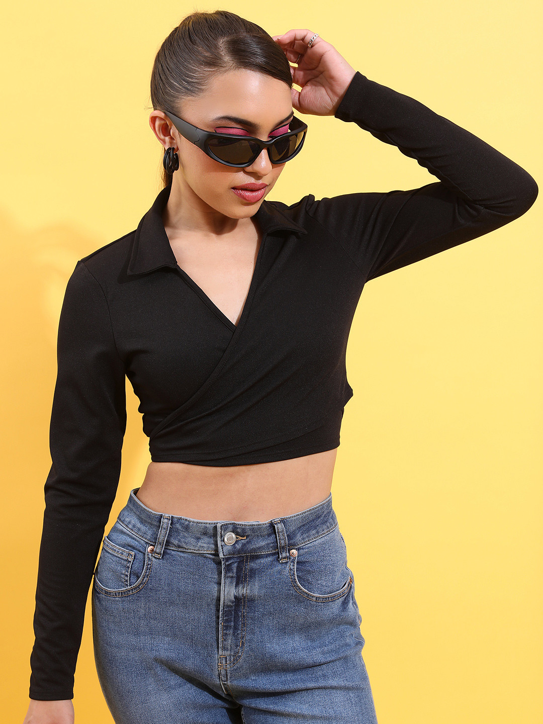Tokyo Talkies Black Shirt Collar Wrap Crop Top