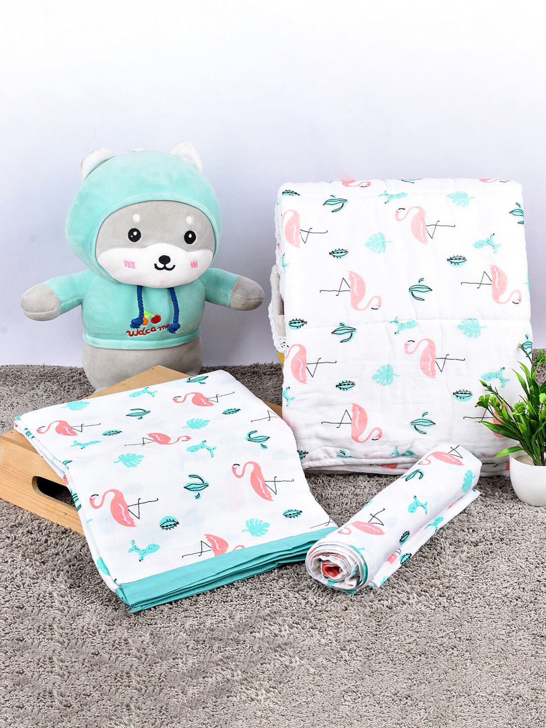 Moms Home 3 Pieces AC Room 300 GSM  Organic Cotton Crib Set