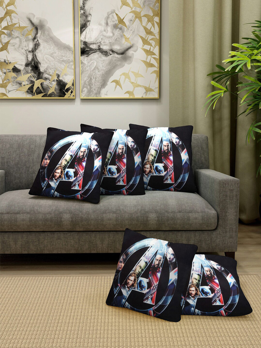 FABINALIV Black & Blue 5 Pieces Cartoon Characters Square Cushion Covers