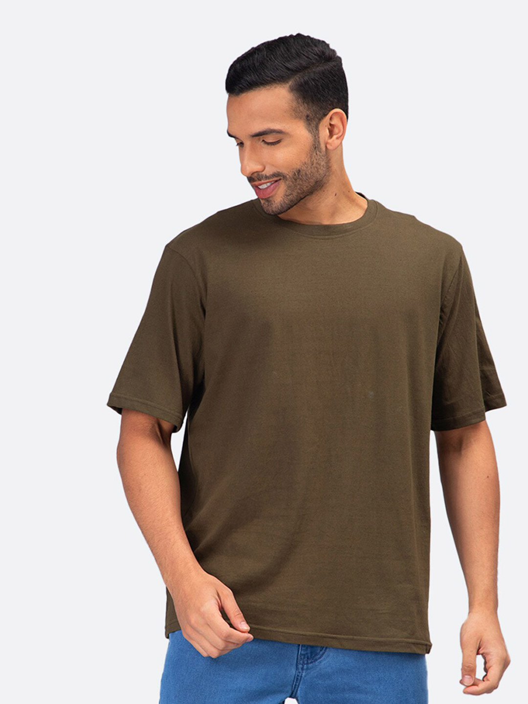 Olive Green Solid Casual Cotton T-shirt