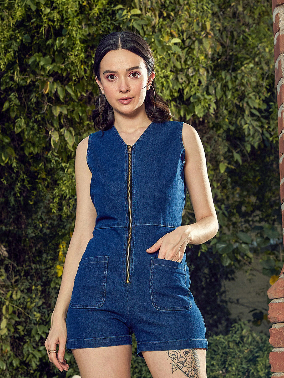 SASSAFRAS Blue Front Zipper Cargo Styles Play Denim Jumpsuit