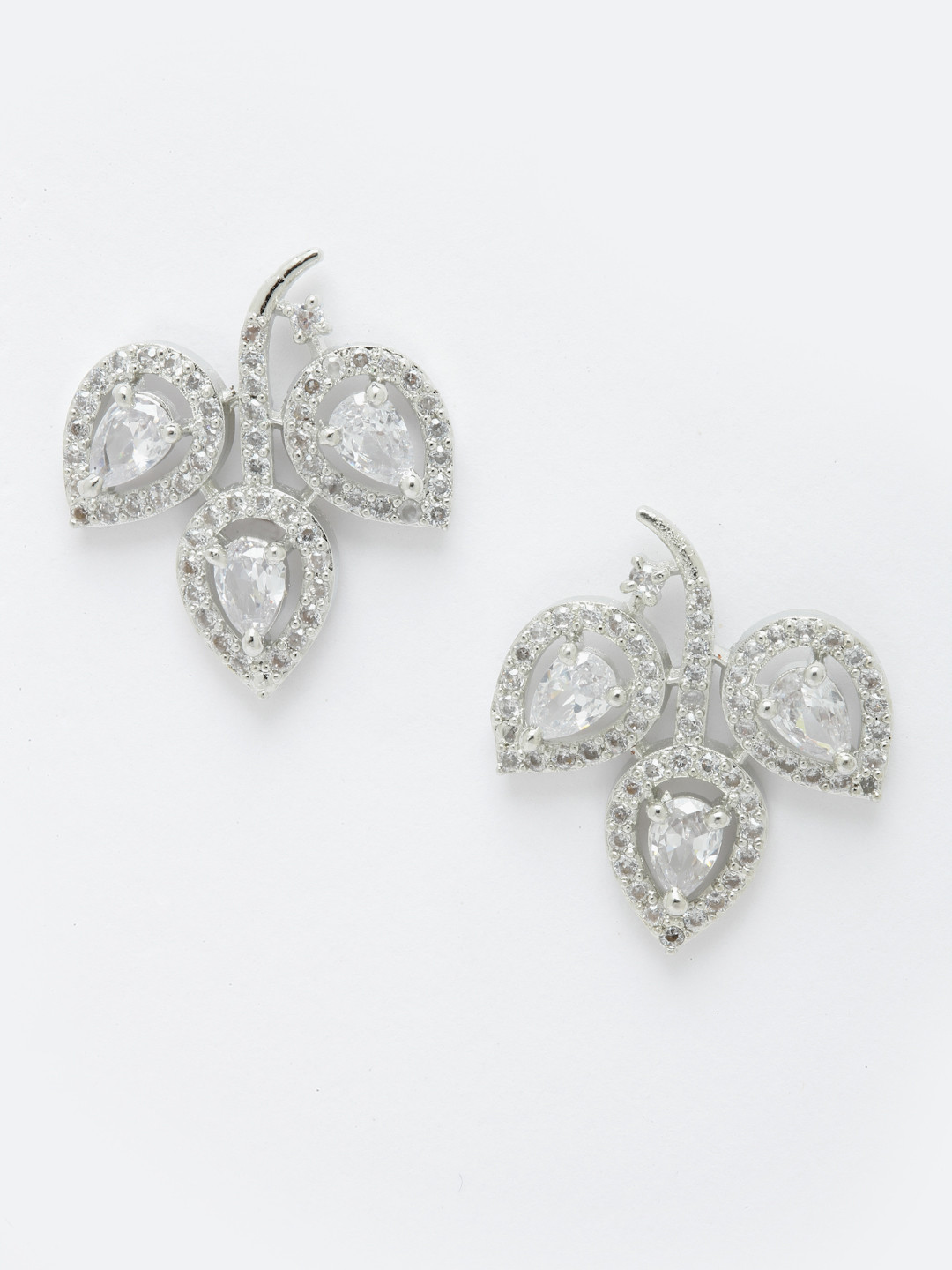 Aazeen Rhodium-Plated Leaf Shaped AD Studded Studs Earrings