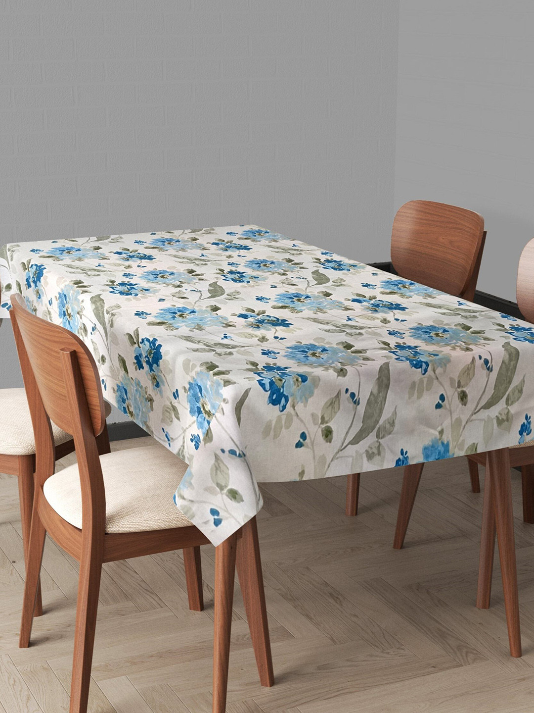 Trance Home Linen White & Blue Printed Pure Cotton Rectangular 4 Seater Table Cloth