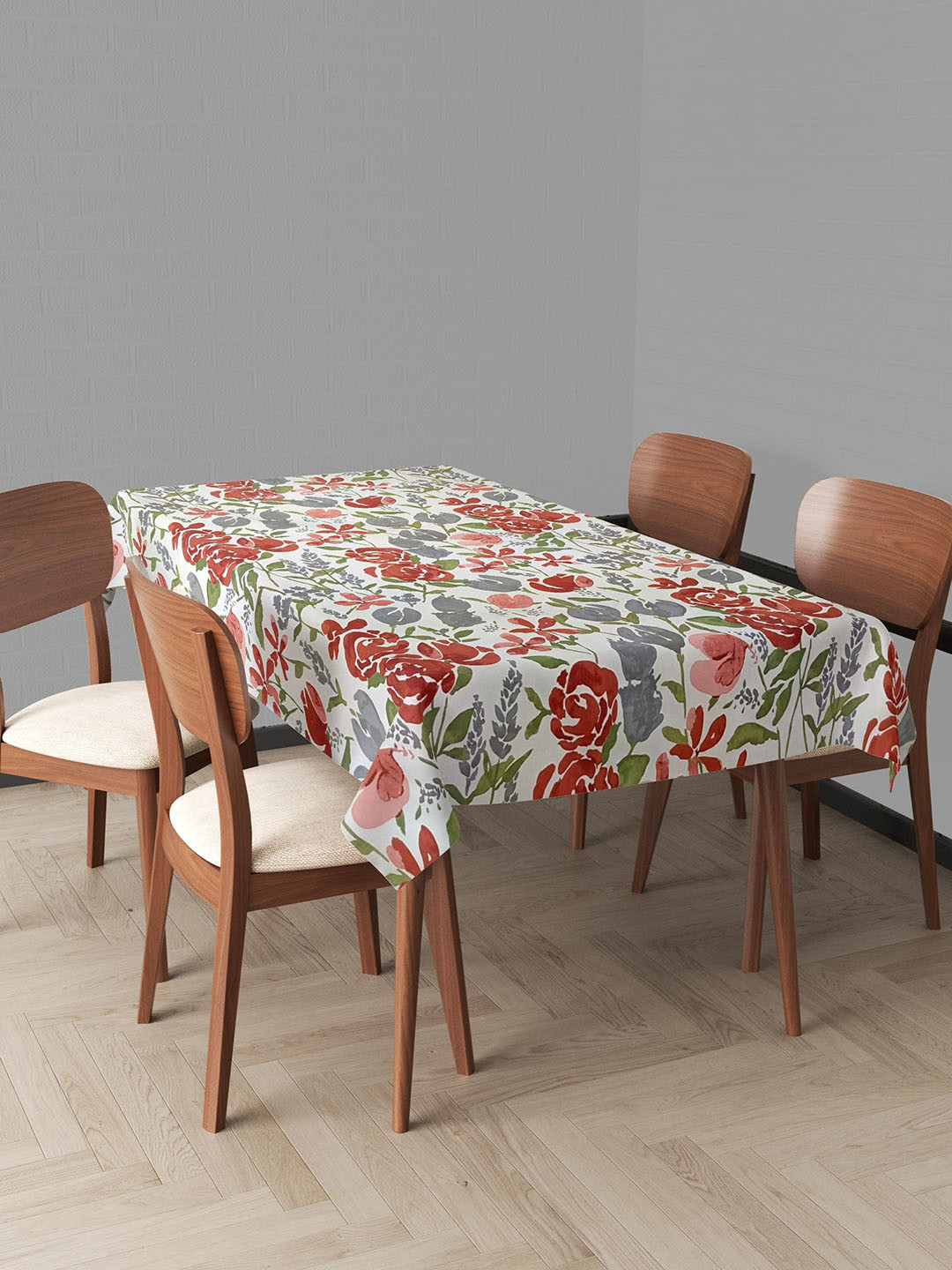 Trance Home Linen White & Red Printed Pure Cotton Rectangular 4-6 Seater Table Cloth