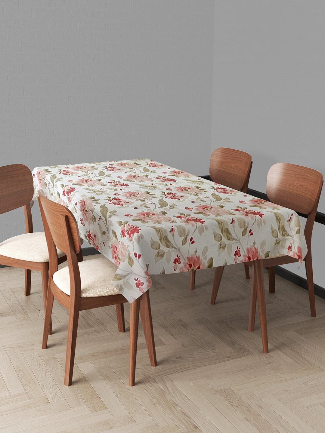 Trance Home Linen White & Pink Floral Printed Cotton Rectangular 4-6 Seater Table Cloth
