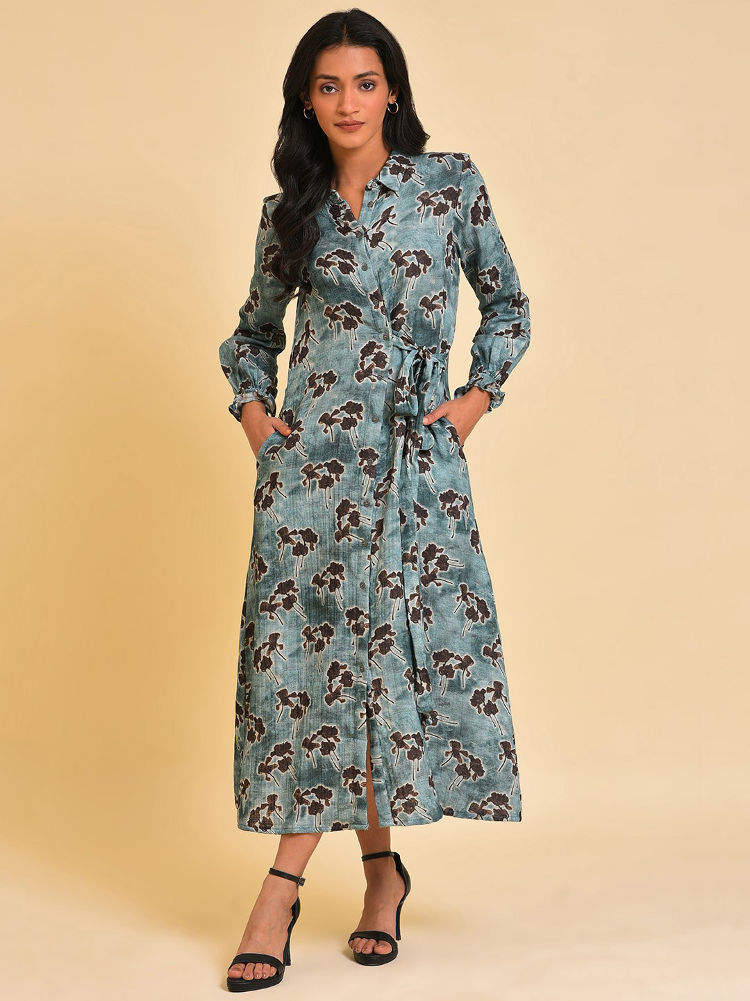 W Blue Floral Print Pure Cotton Shirt Midi Dress