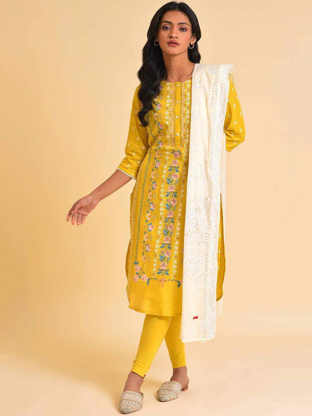 W Mustard Yellow & White Floral Printed Pure Cotton Kurta With Leggings & Dupatta
