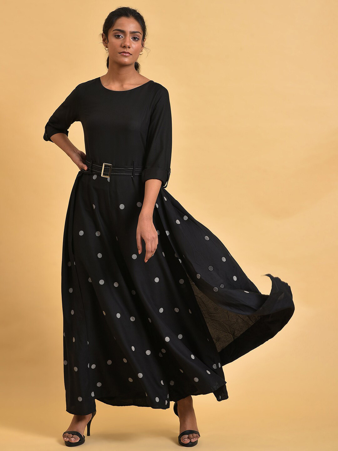 W Black & Grey Polka Dots Printed Pleated Belted Culotte Jumpsuit