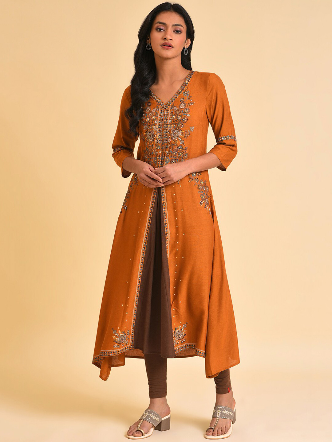 W Rust & Brown Ethnic Motifs Printed Sequined Layered A-Line Kurta