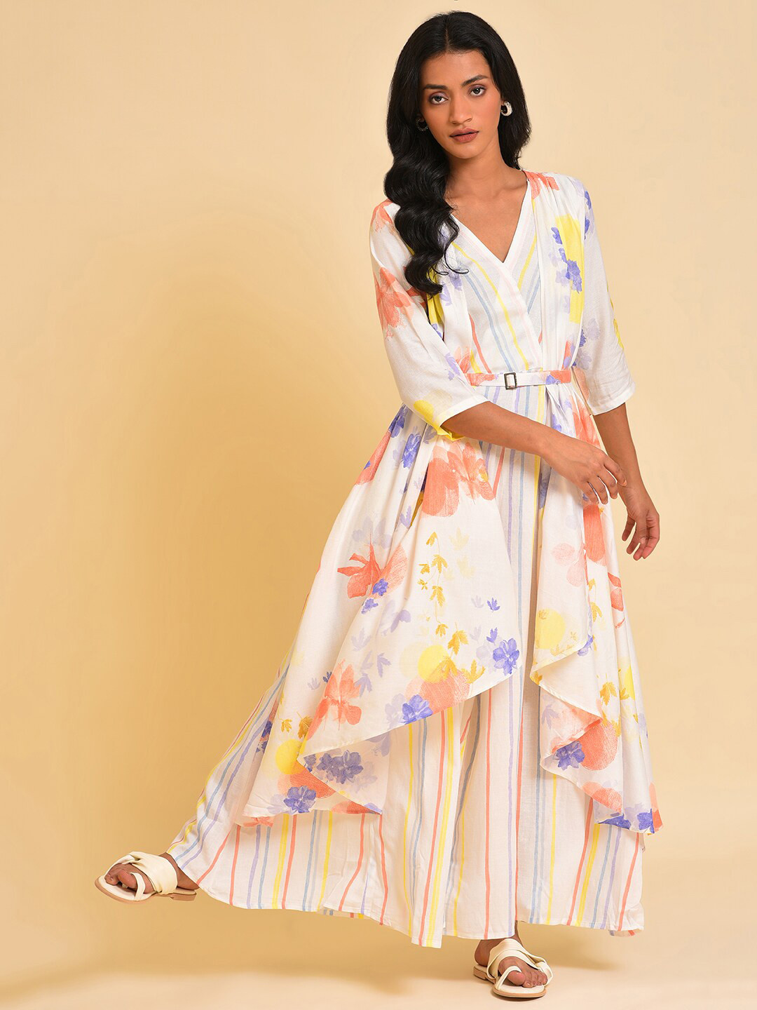 W White & Peach-Coloured Floral Printed Pleated Belted Culotte Jumpsuit