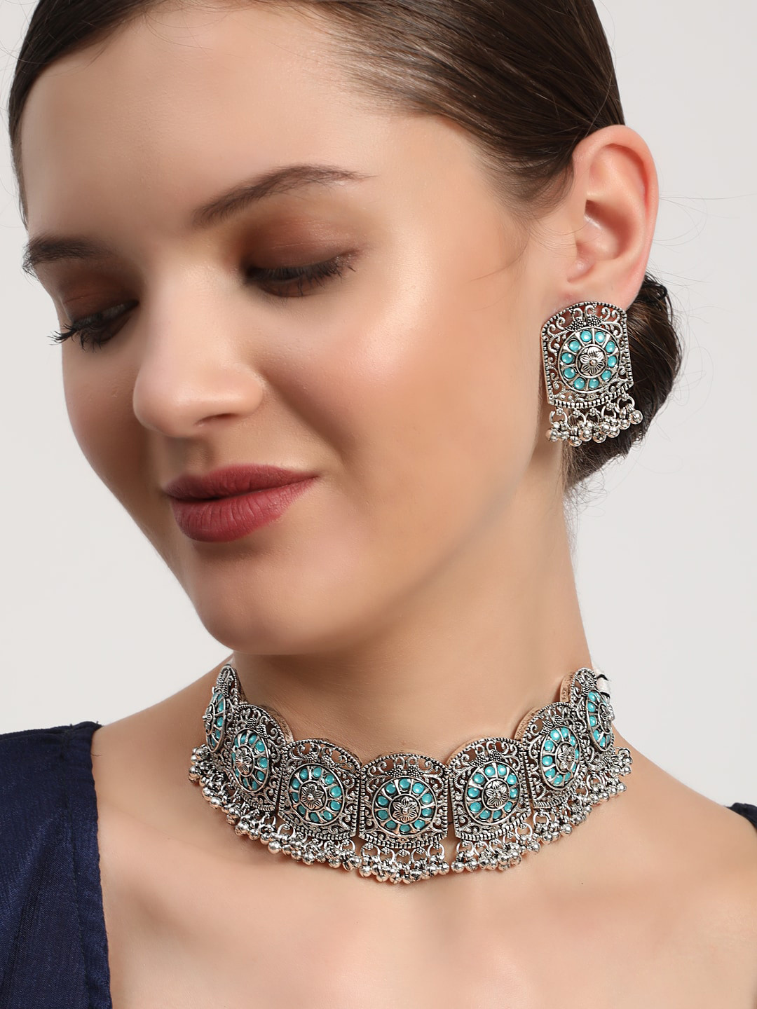 Anouk Silver-Toned & Blue Silver-Plated Stone-Studded Jewellery Set