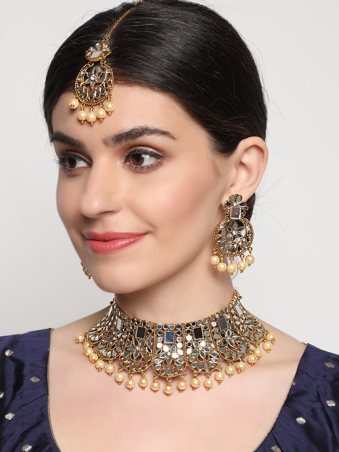 Anouk Gold-Toned & White Gold-Plated Mirror-Studded & Beaded Jewellery Set