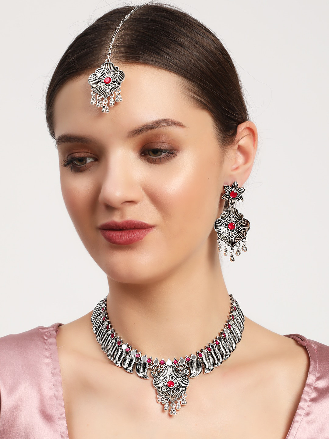 Anouk Silver-Plated Stone-Studded Oxidised rJewellery Set