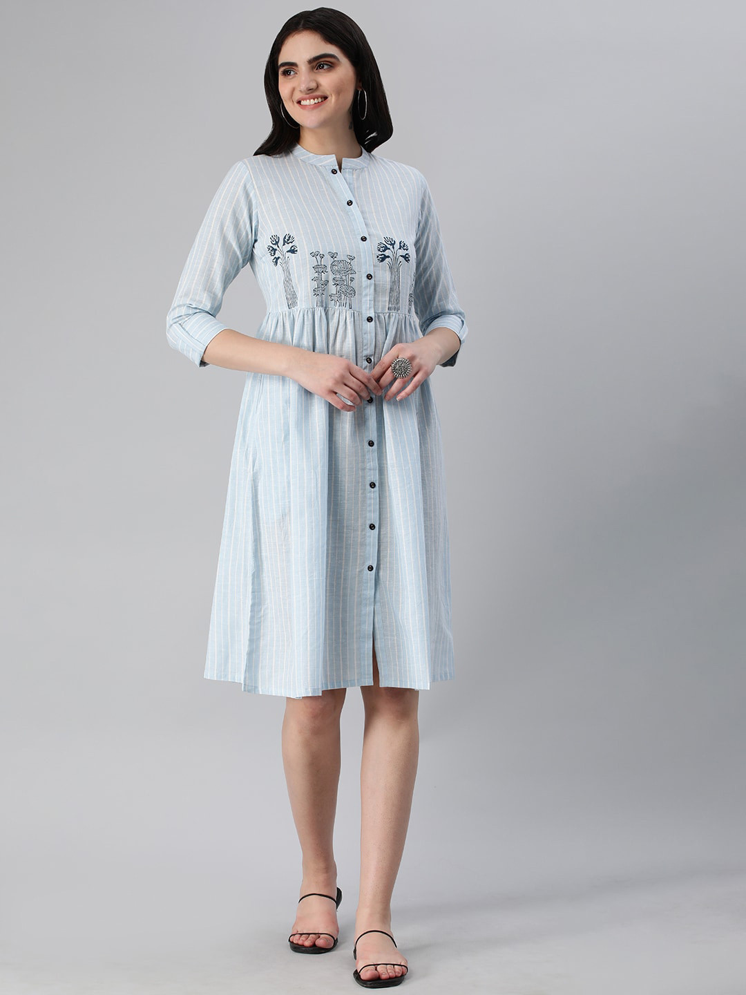 KAMI KUBI Mandarin Collar Striped Empire Dress