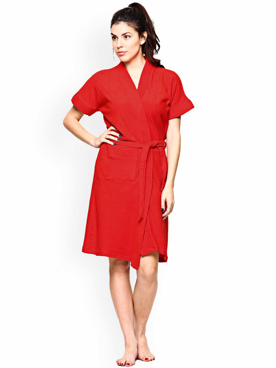 RedRose Red Solid Cotton Drawstring Knee Length Bath Robe-XL