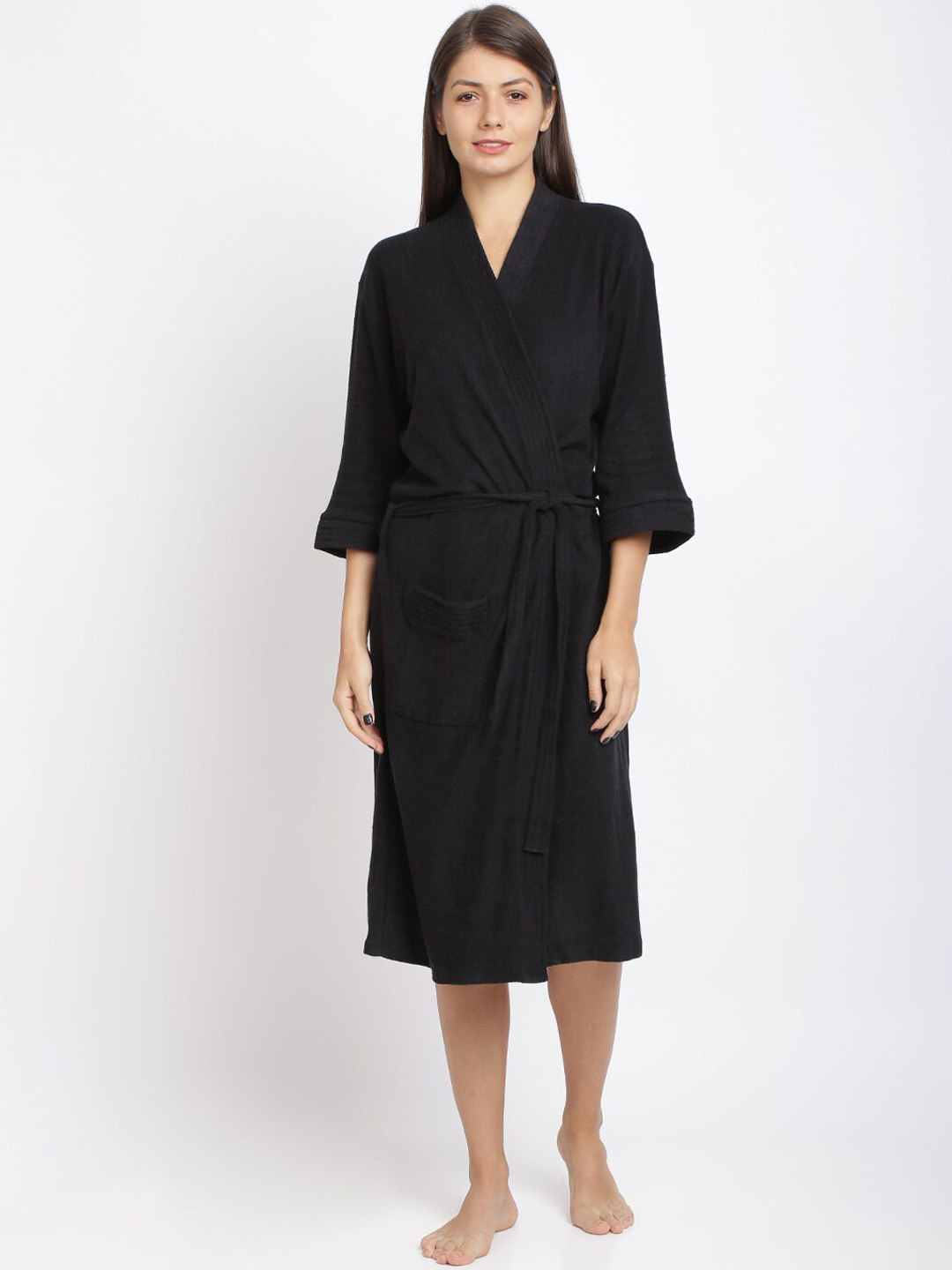 RedRose Black Solid Cotton Drawstring Knee Length Bath Robe-XL