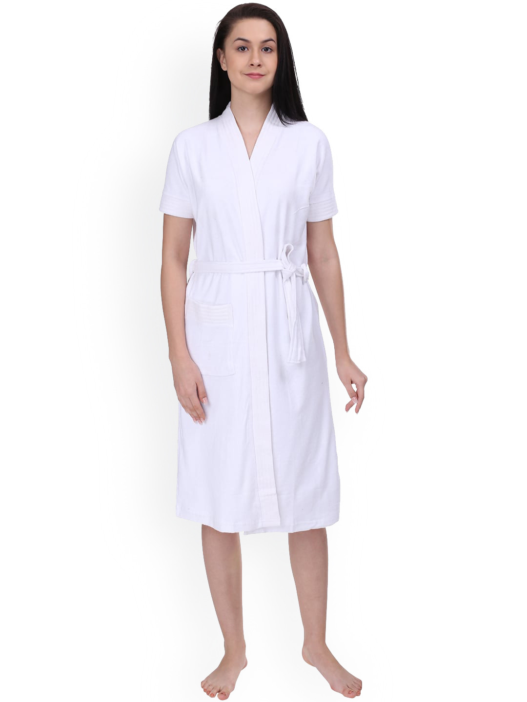 RedRose White Solid Cotton Drawstring Knee Length Bath Robe-XL