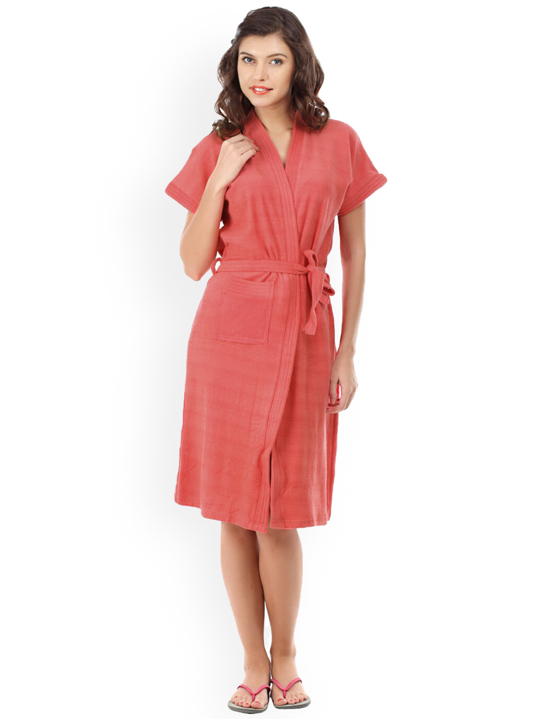 RedRose Red Solid Cotton Drawstring Knee Length Bath Robe-XL