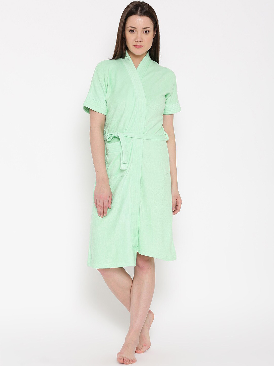 RedRose Sea Green Solid Cotton Drawstring Knee Length Bath Robe-XL