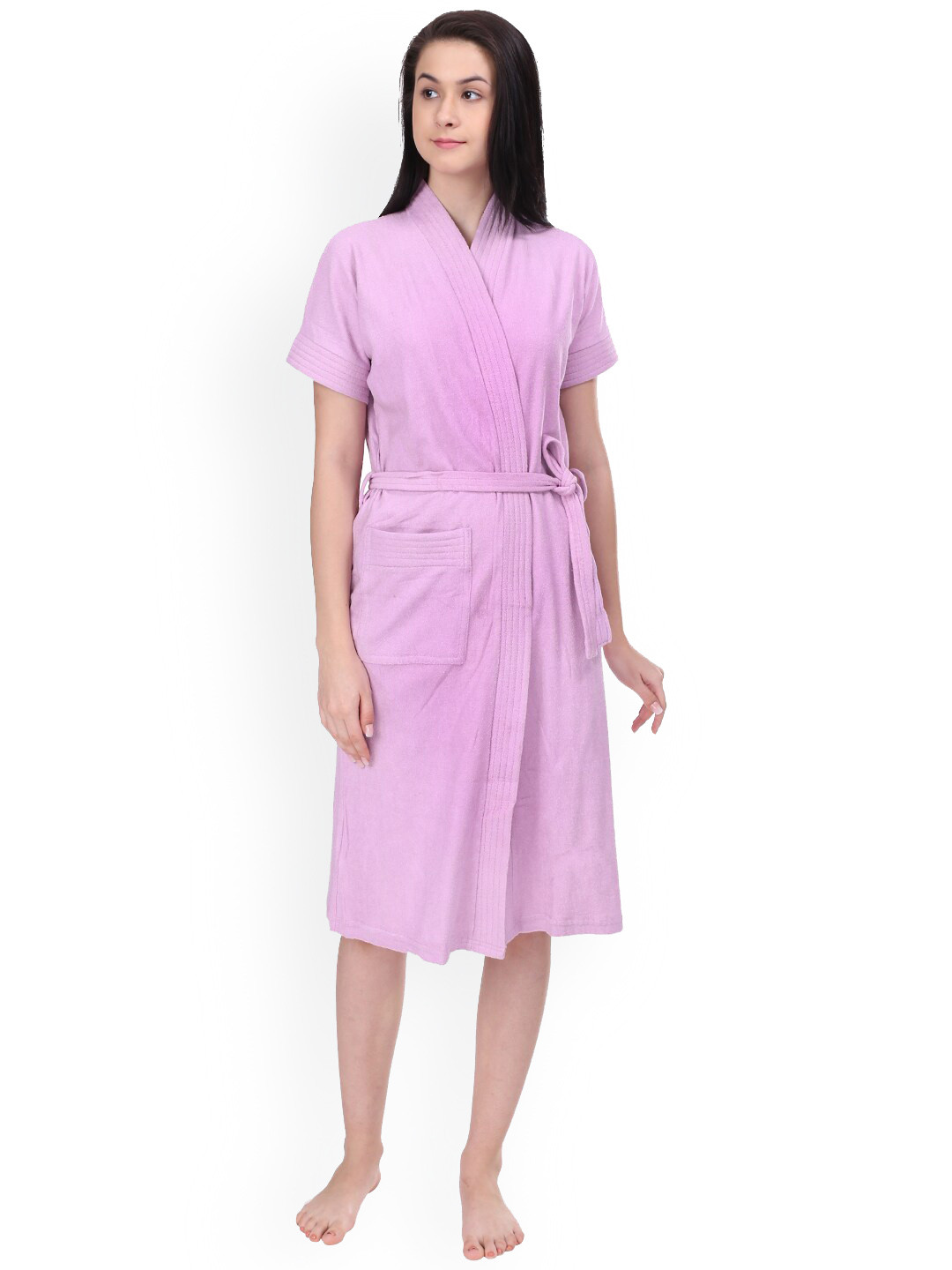 RedRose Purple Solid Cotton Drawstring Knee Length Bath Robe-XL
