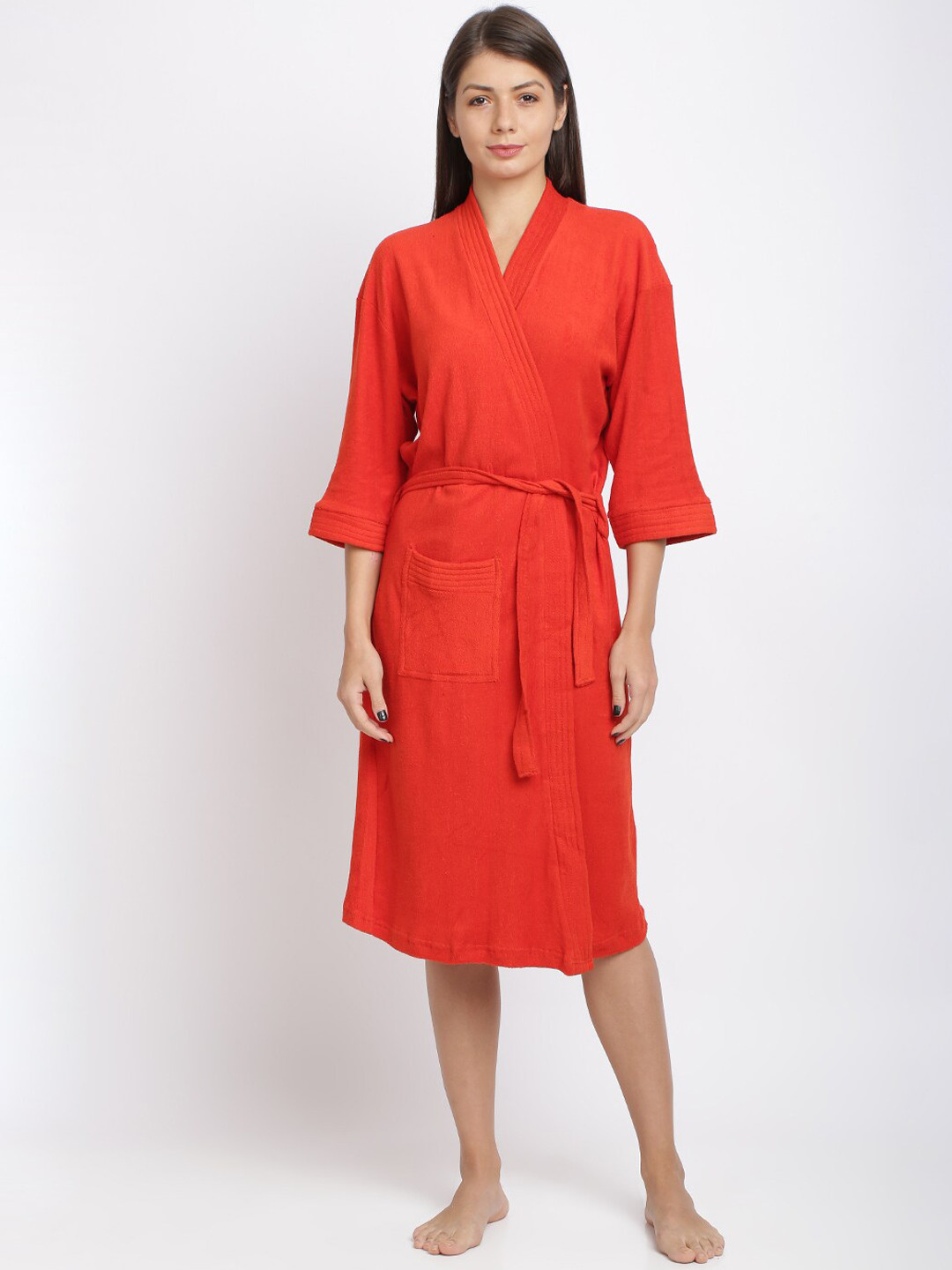 RedRose Red Solid Cotton Drawstring Knee Length Bath Robe-XL
