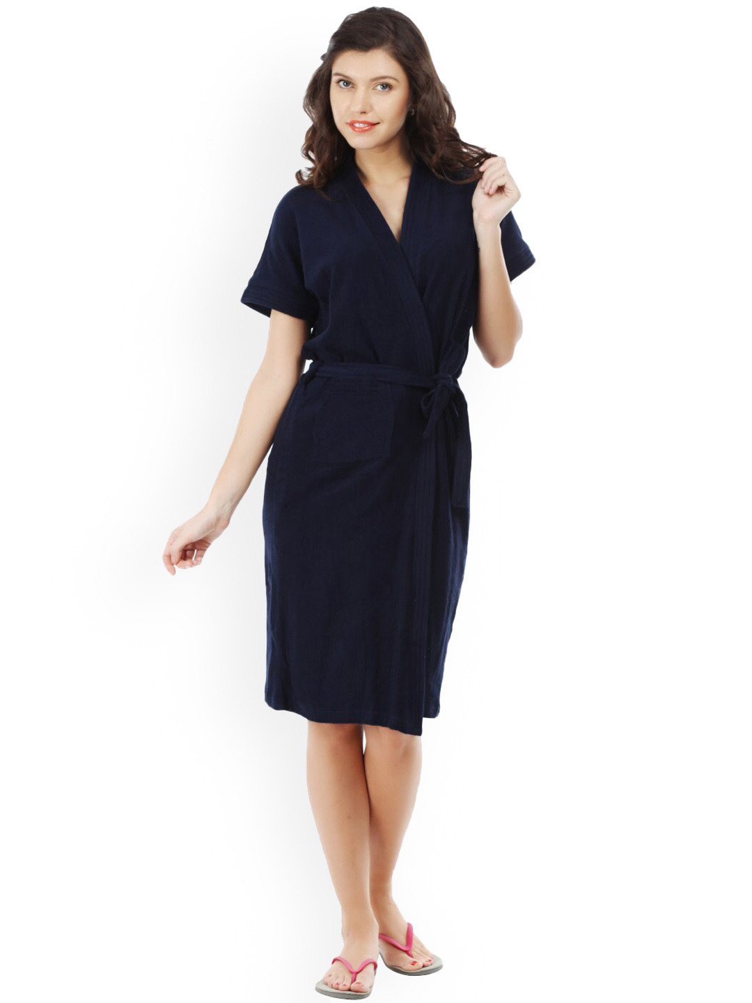 RedRose Navy Blue Solid Cotton Drawstring Knee Length Bath Robe-XL