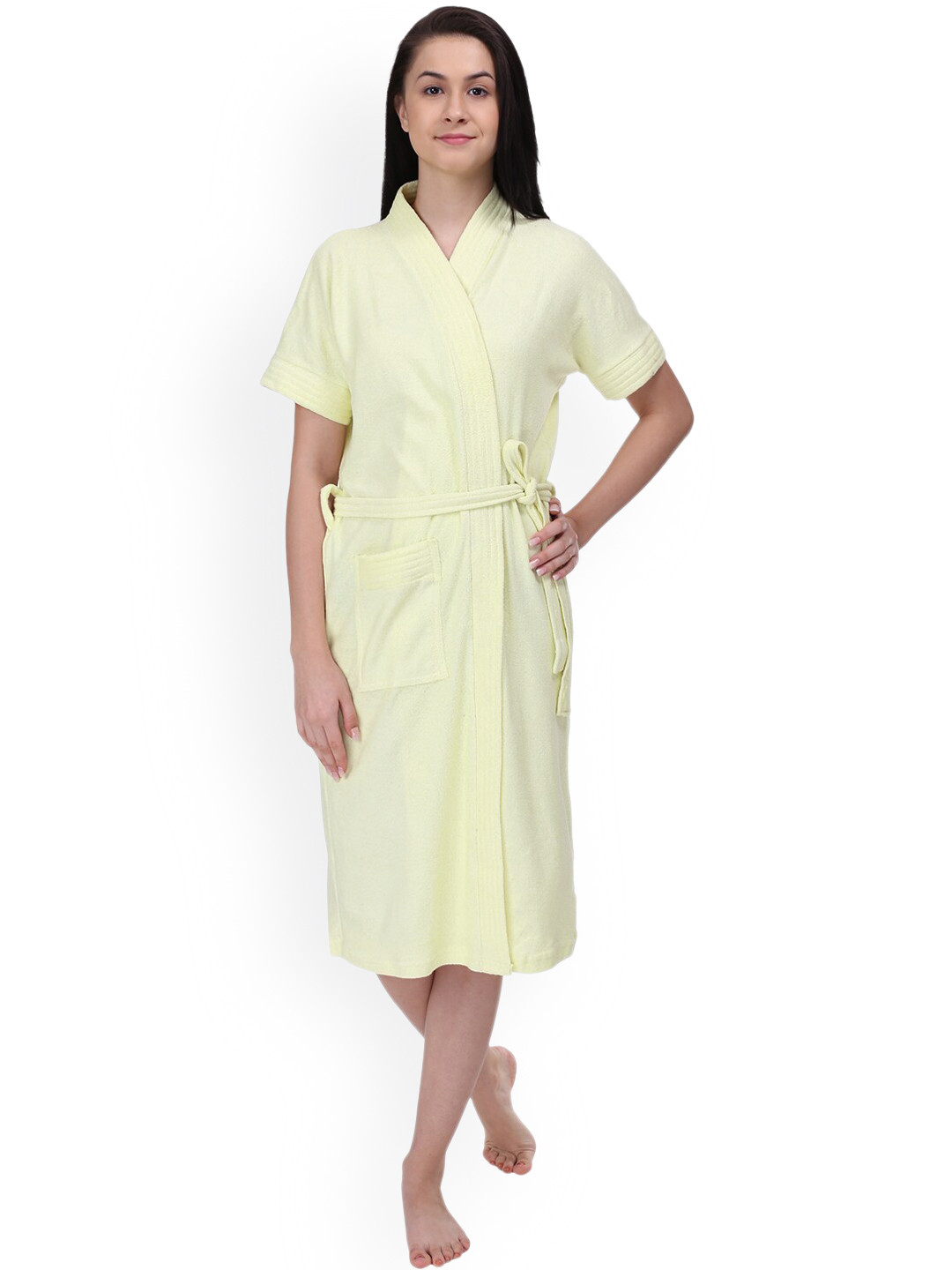 RedRose Yellow Solid Cotton Drawstring Knee Length Bath Robe-XL
