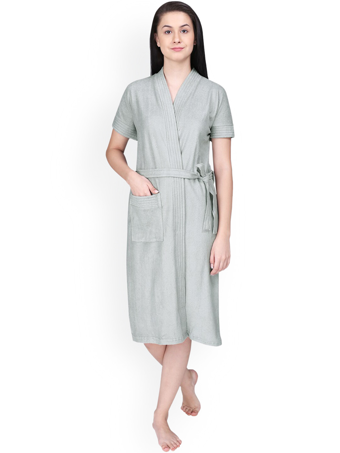 RedRose Grey Solid Cotton Drawstring Knee Length Bath Robe-XL