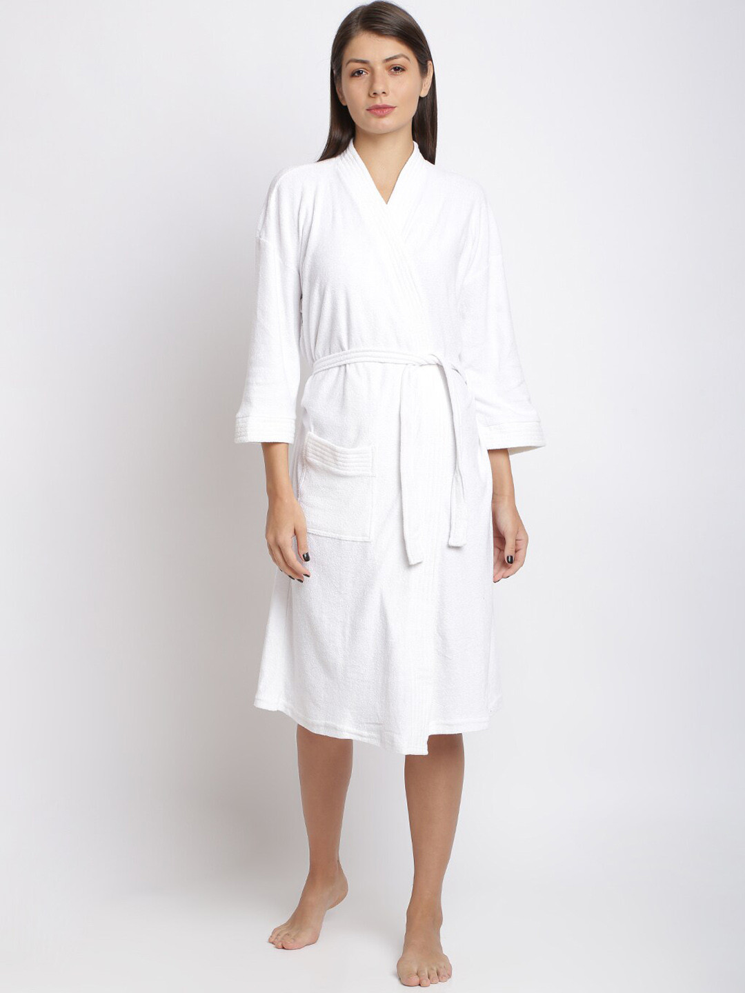 RedRose White Solid Cotton Drawstring Knee Length Bath Robe-XL
