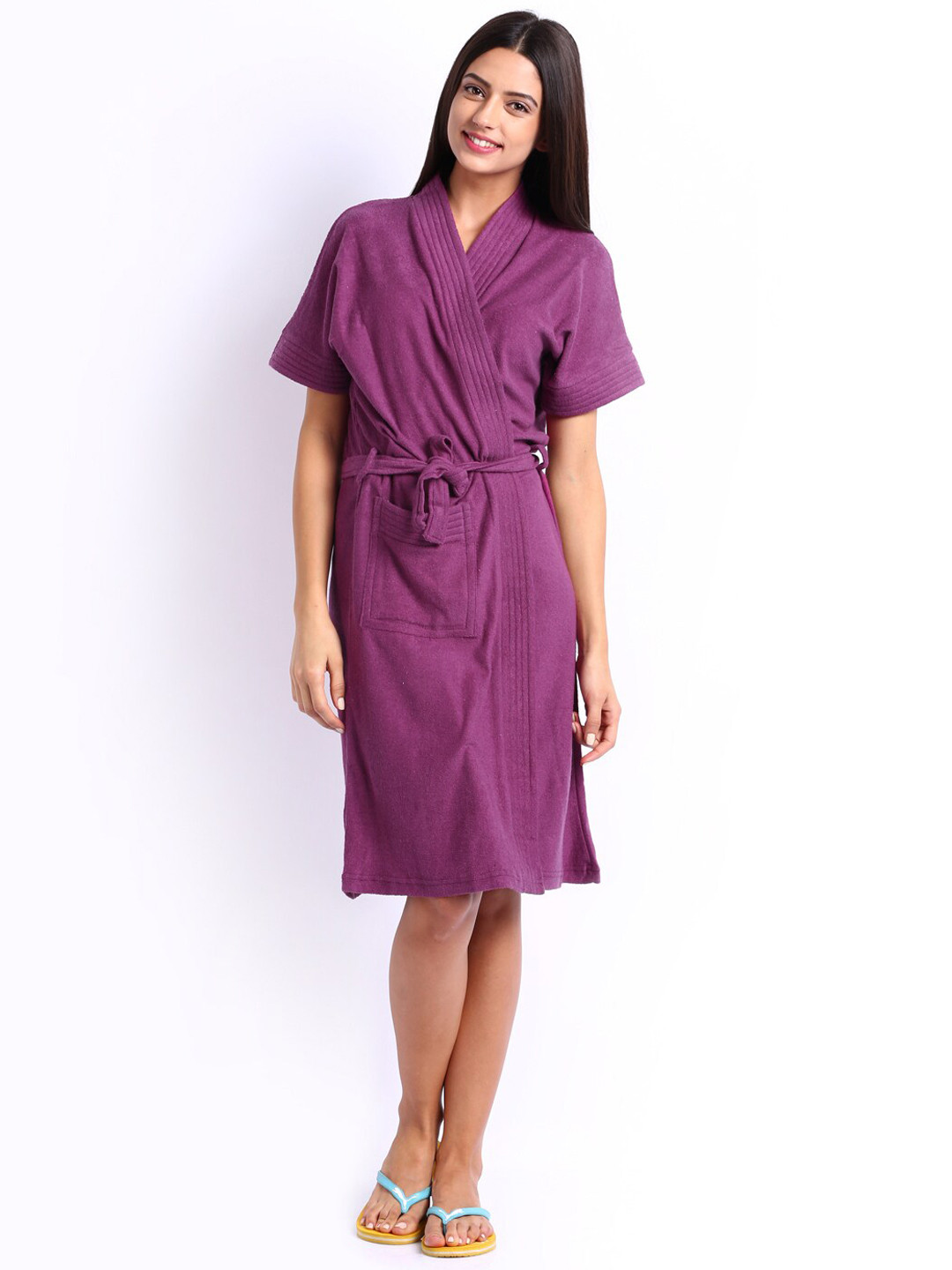 RedRose Purple Solid Cotton Drawstring Knee Length Bath Robe-XL