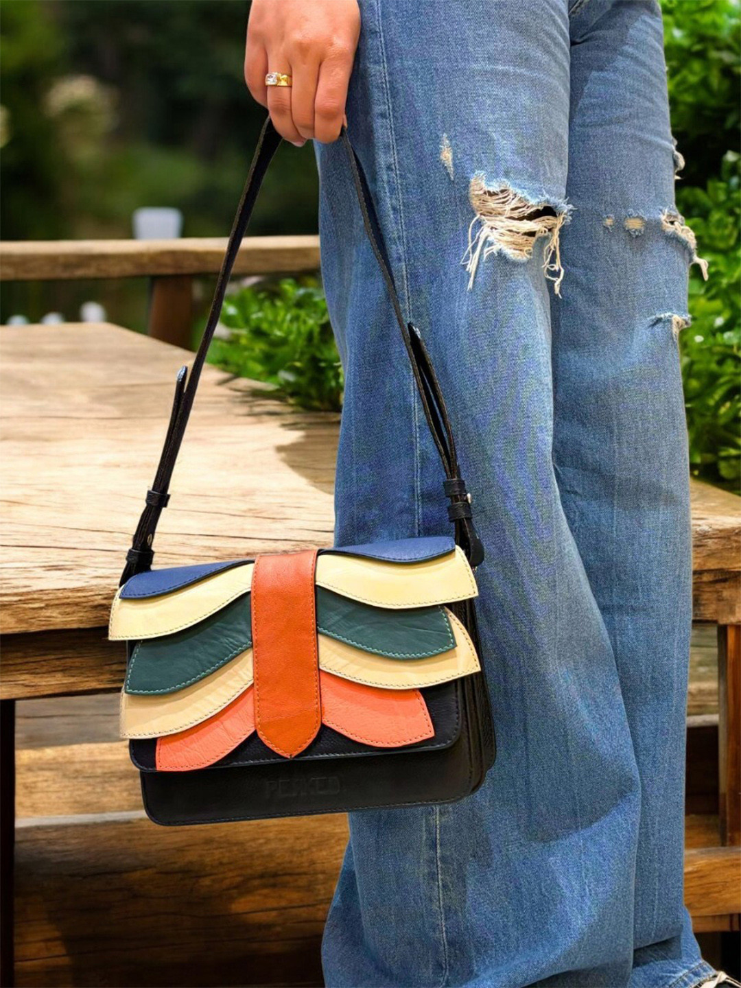 PERKED Self Design Leather Structured Sling Bag