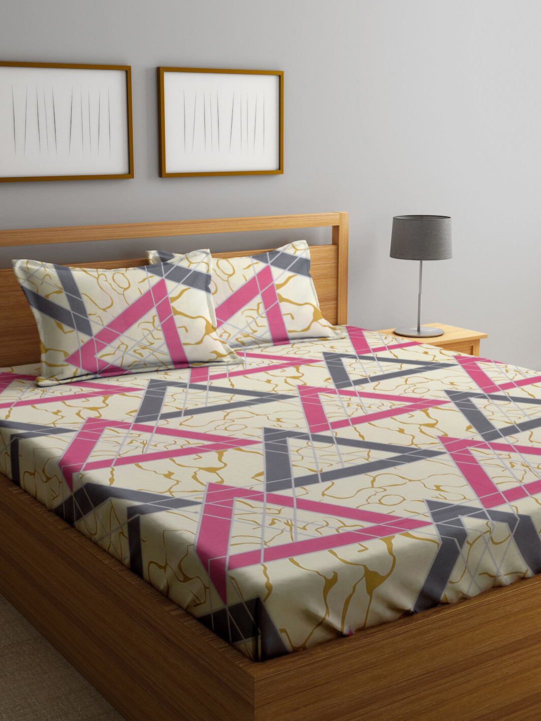 KLOTTHE Beige Geometric Cotton 300 TC King Fine Bedsheet with 2 Pillow Covers-220 x 250 cm