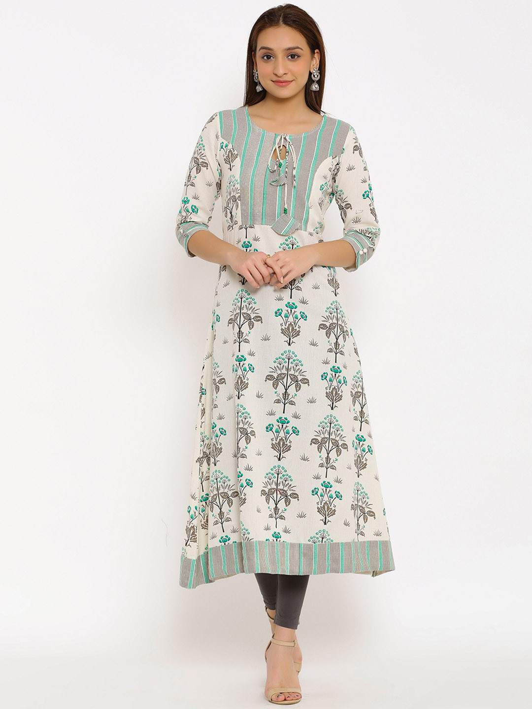 HERE&NOW Off-White & Grey Floral Printed Cotton Flax A-Line Kurta