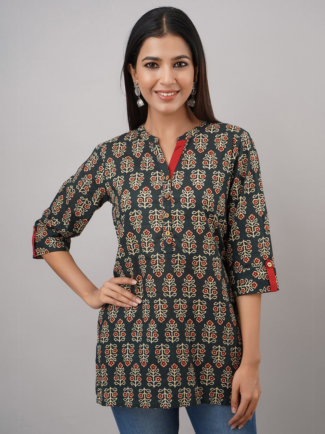 HERE&NOW Green Mandarin Collar Floral Printed Short Kurti