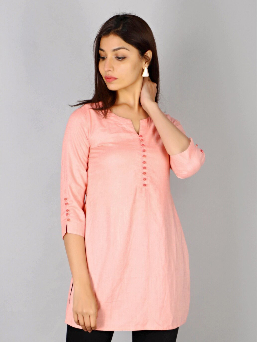 HERE&NOW Peach Round Neck Straight Short Kurti