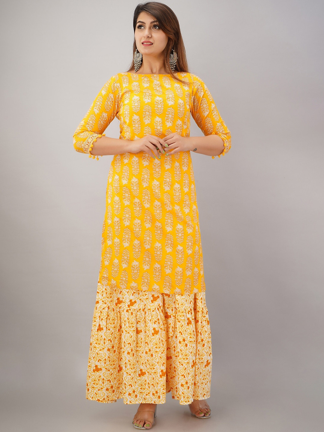 HERE&NOW Yellow & White Floral Printed Straight Cotton Cambric Kurta with Sharara