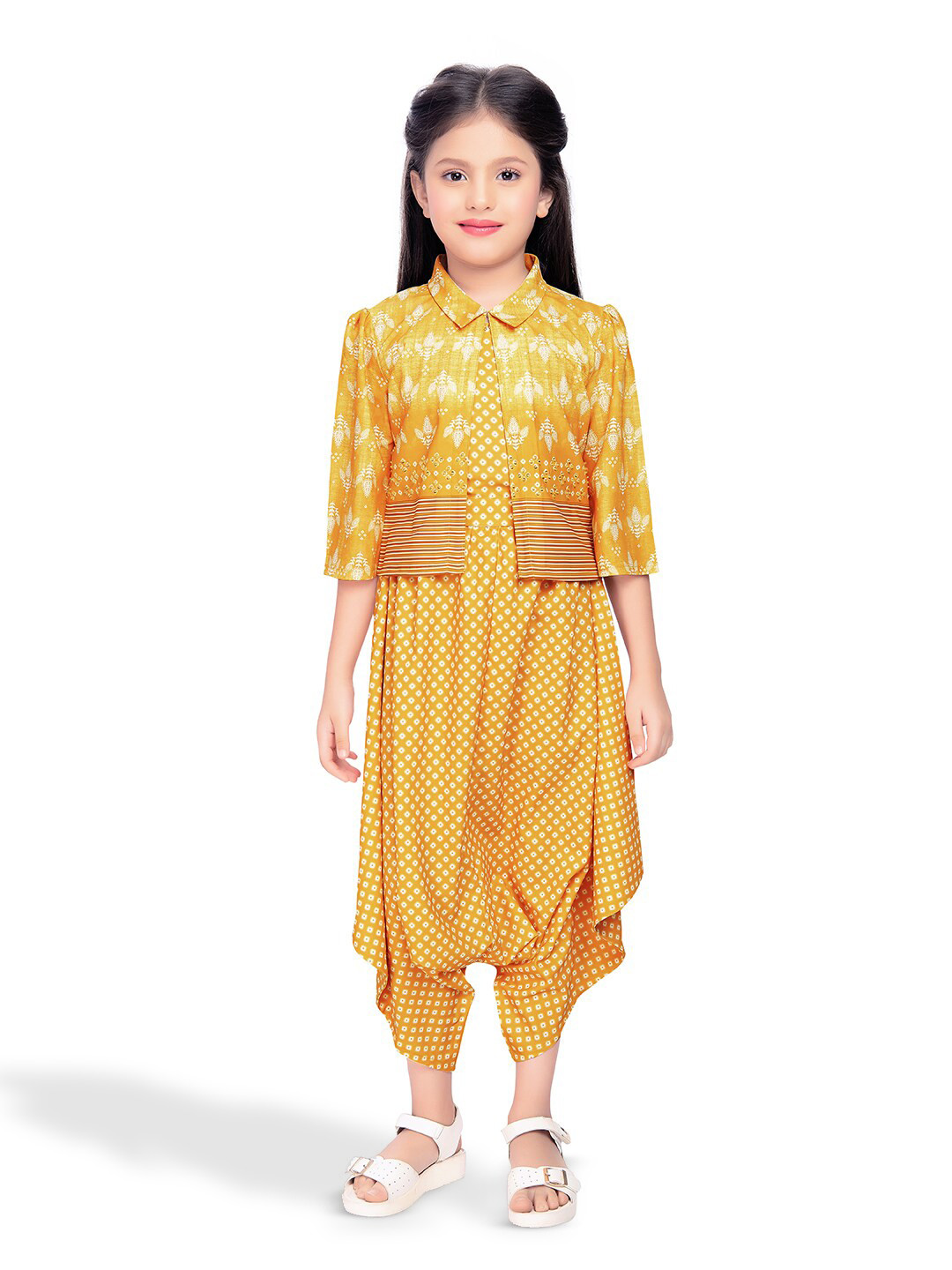 Tiny Baby Girls Printed Shirt Collar Top with Dhoti Pant & Jacket