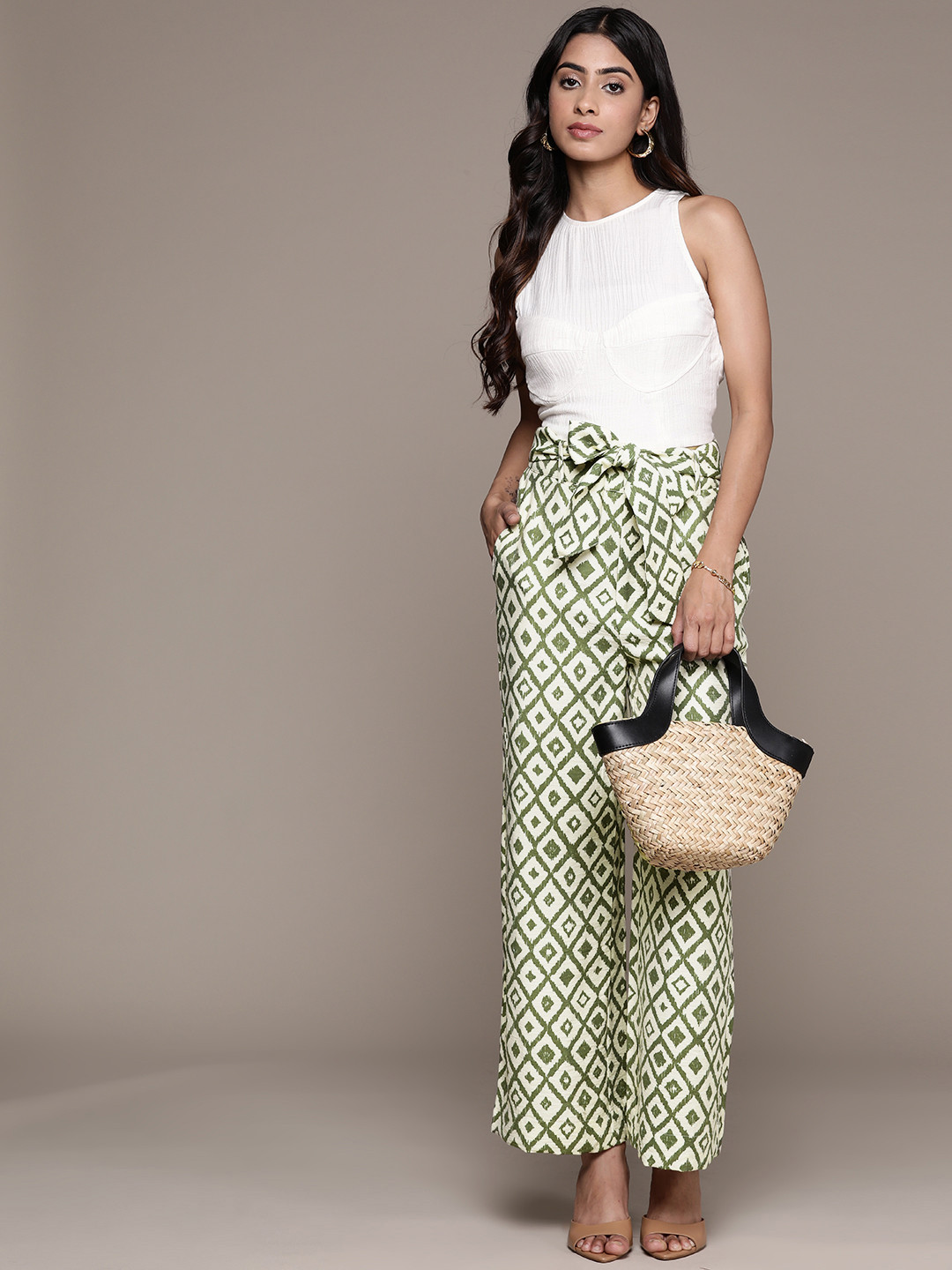 MANGO Geometric Printed Trousers With Tie-Up Belt