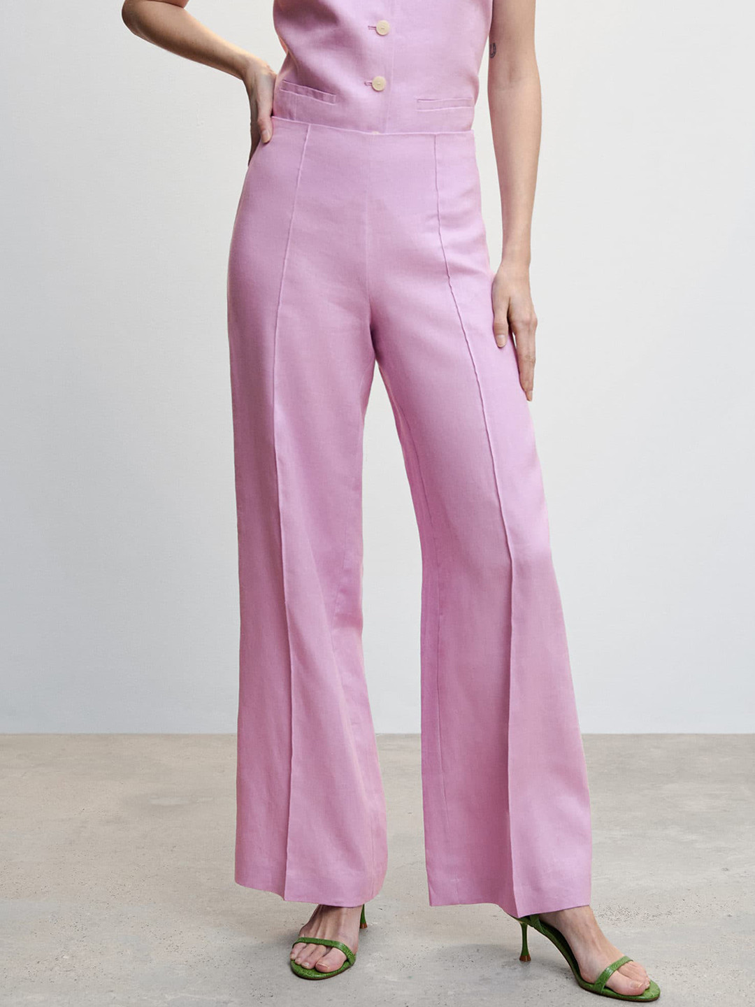 MANGO Women Linen Pleated Regular Fit Trousers