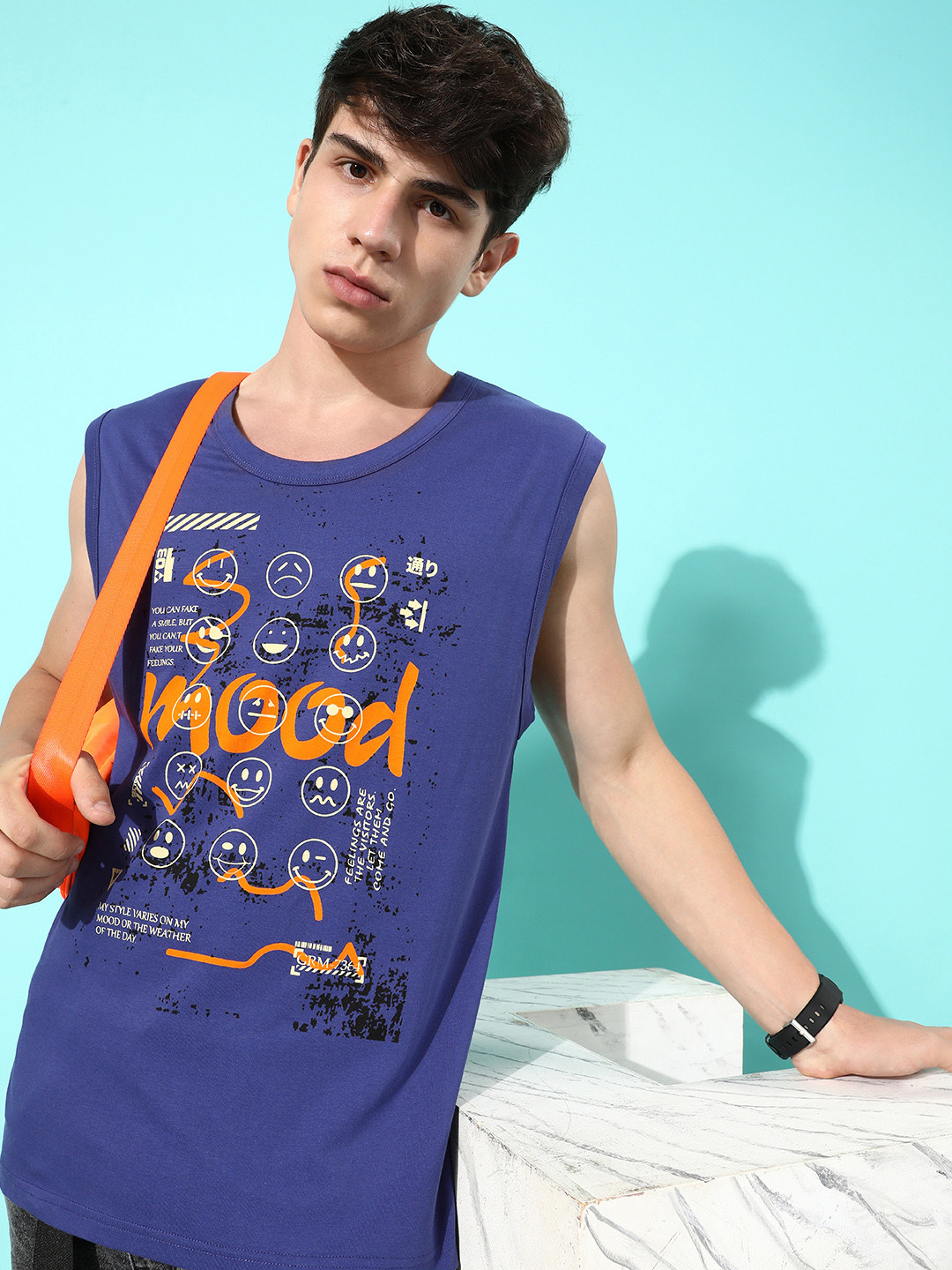 DILLINGER Men Navy Blue & Orange Printed Oversize T-shirt