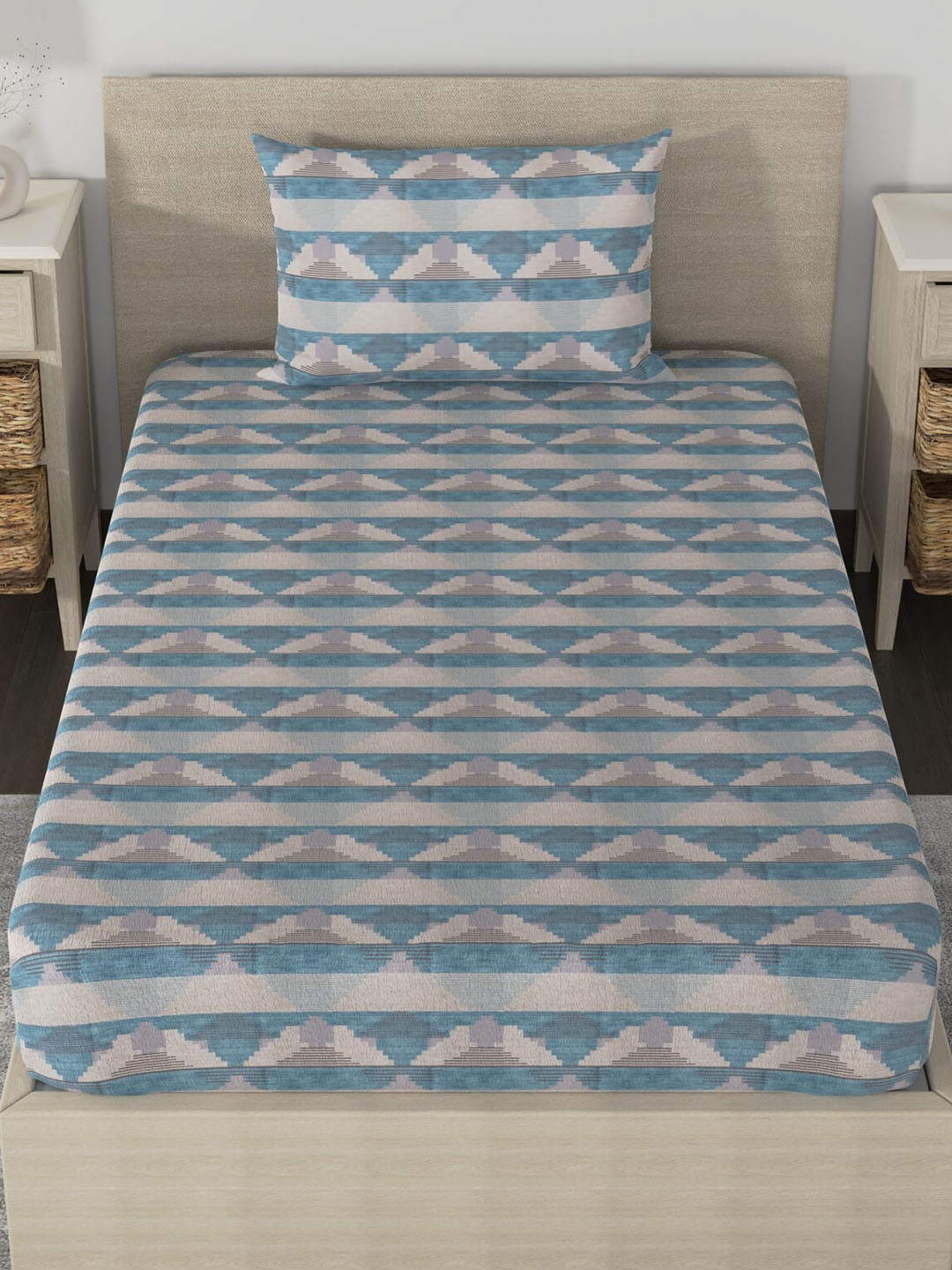 Huesland Aspire Blue Geometric Cotton 186 TC Single Fine Bedsheet with a Pillow Cover-228 x 139 cm