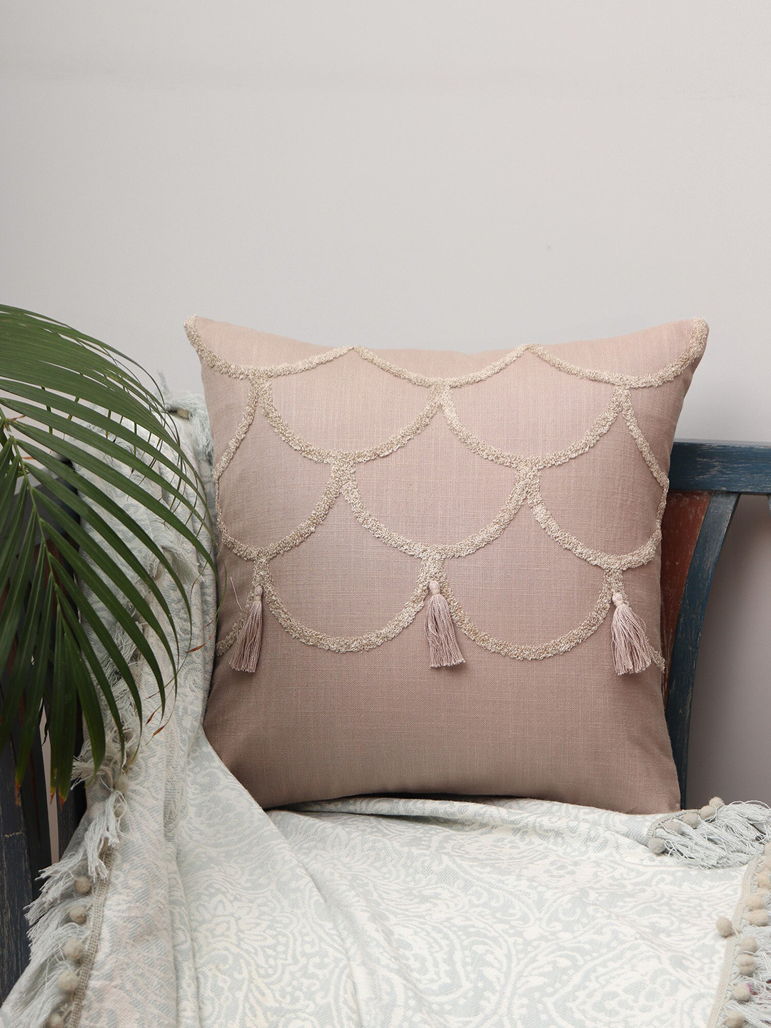 ZEBA Light-Weight Beige Cotton Breathable Embroidered Square Cushion Cover -16x16In