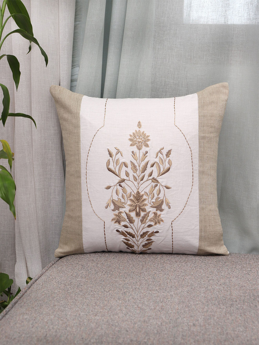 ZEBA Luxe Collection Beige & White Floral Embroidered Cotton Square Cushion Cover