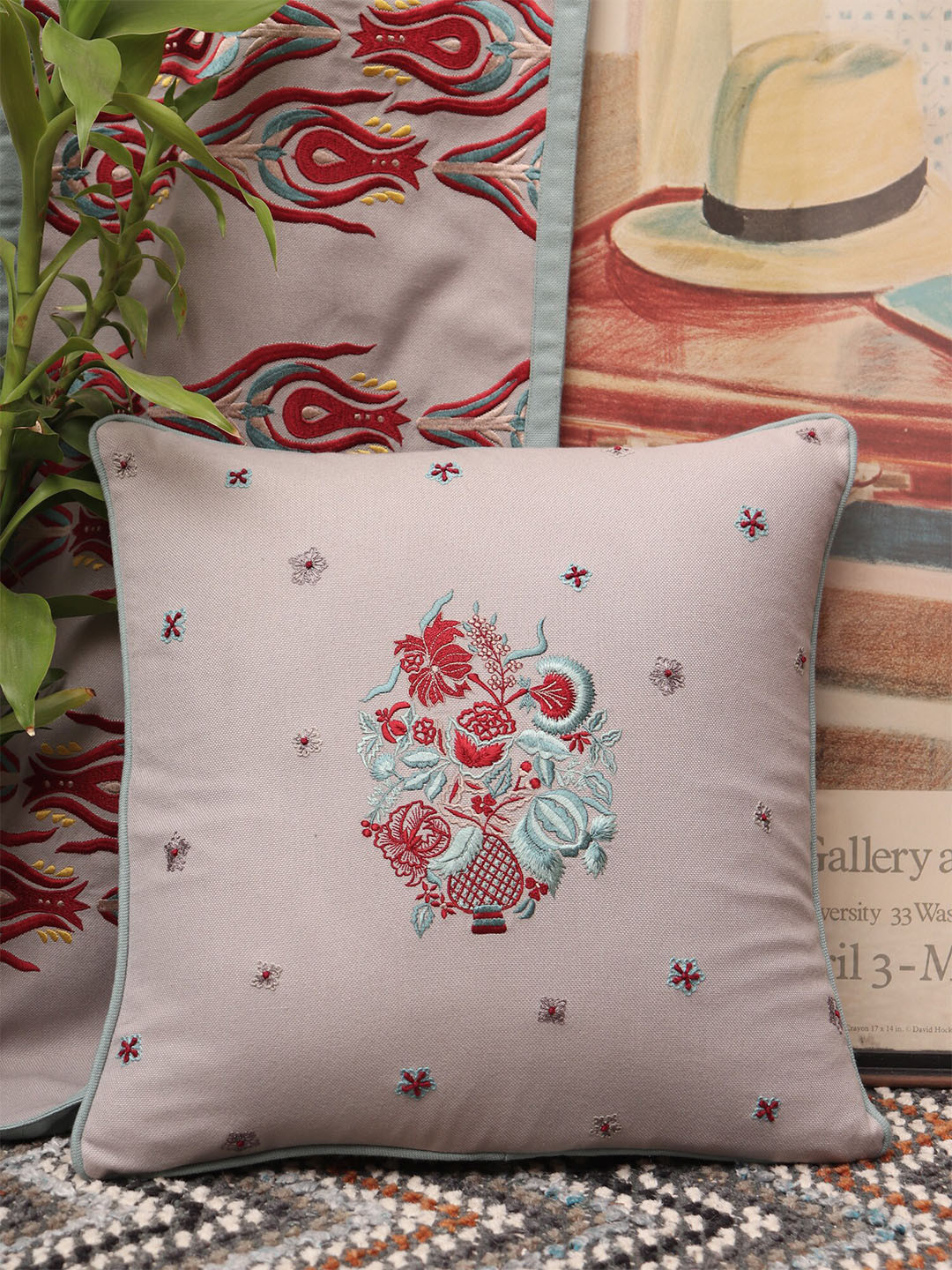 ZEBA Grey & Red Embroidered Cotton Square Cushion Covers