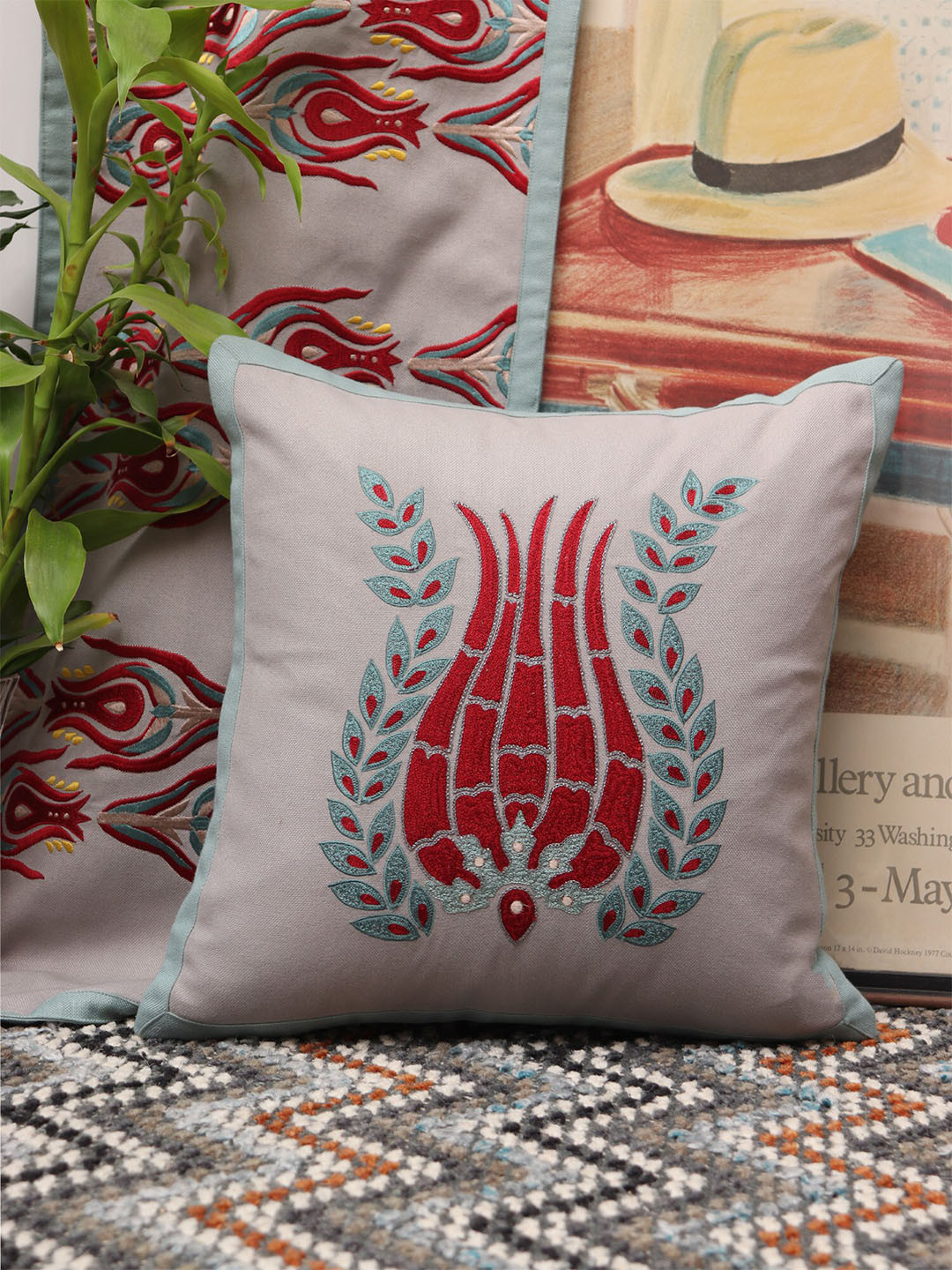 ZEBA Grey & Red Cotton Embroidered Square Cushion Covers