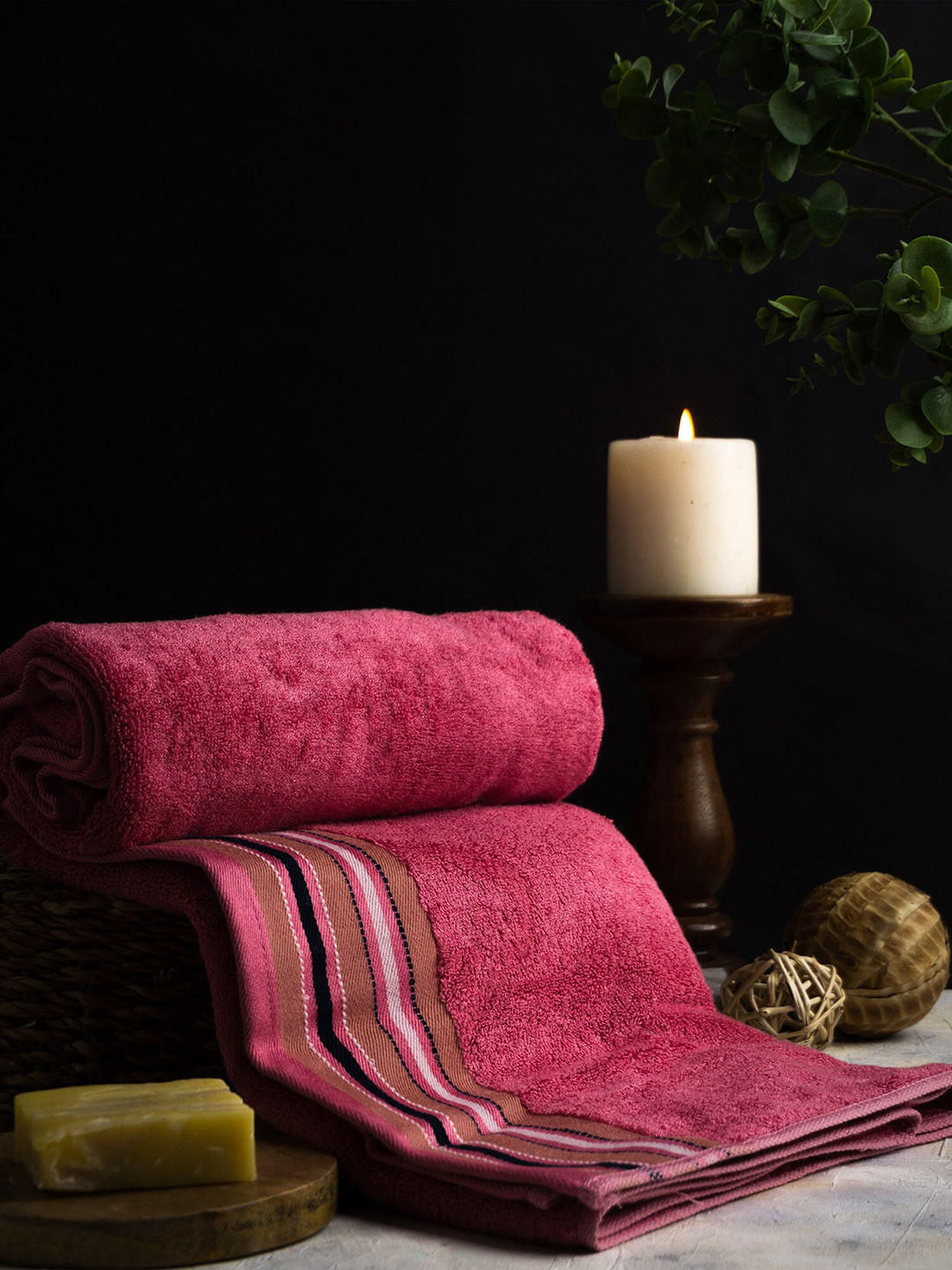 MUSH Ruby-Red Striped Bamboo Absorbent & Quick-Dry Bath Towel